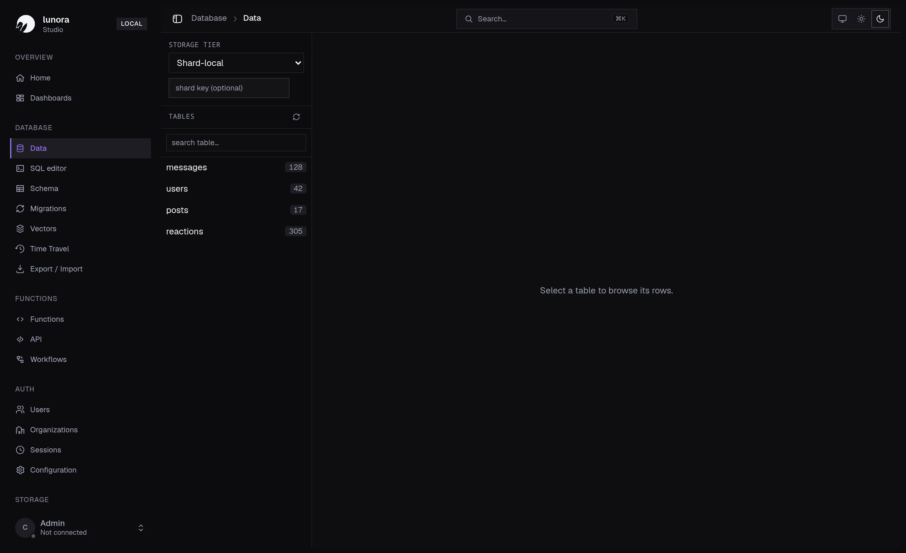 The Studio data browser — pick a storage tier and shard, then browse and edit rows table by table
