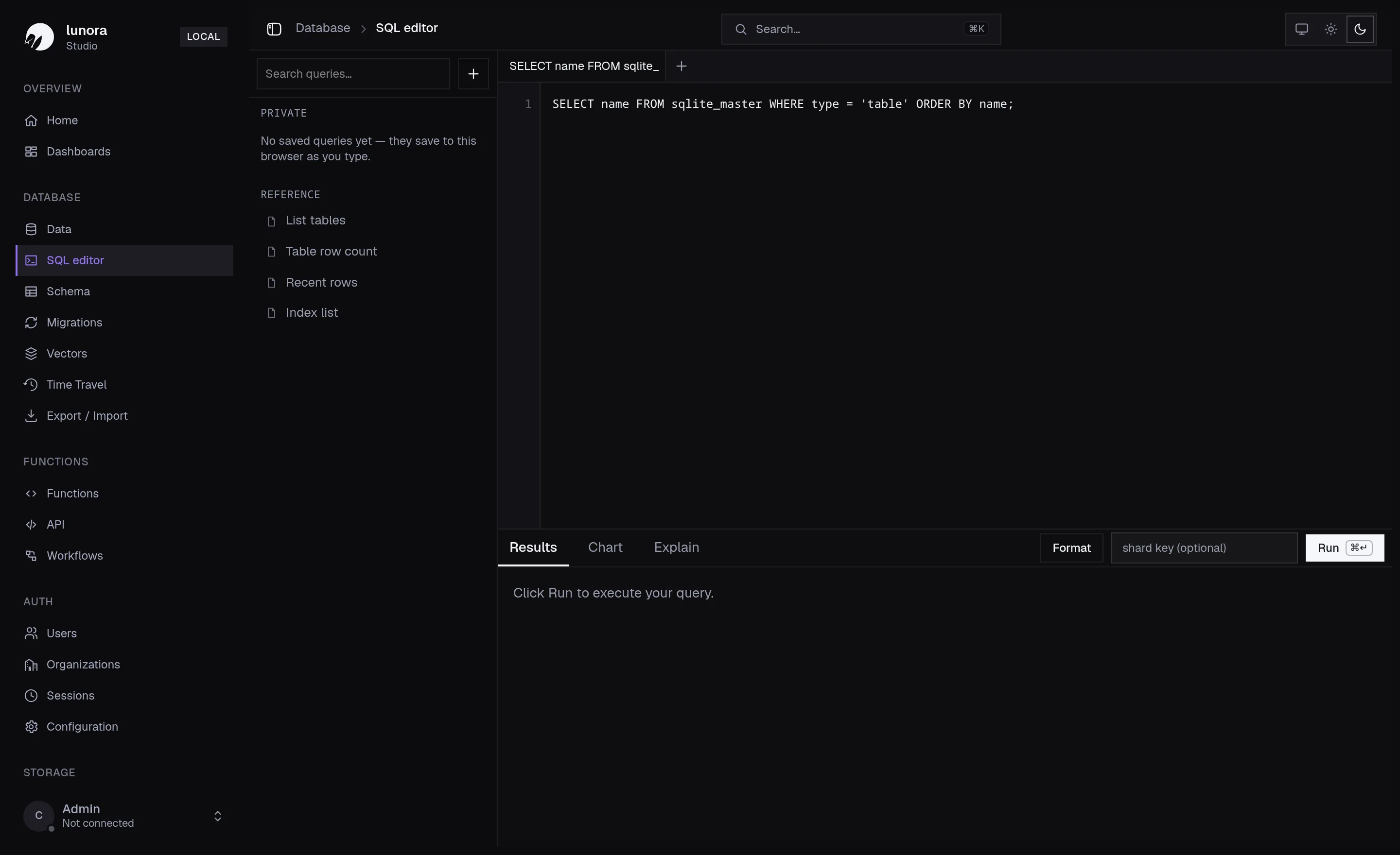 The Studio SQL editor — write a query, run it against a shard, and switch between Results, Chart, and Explain